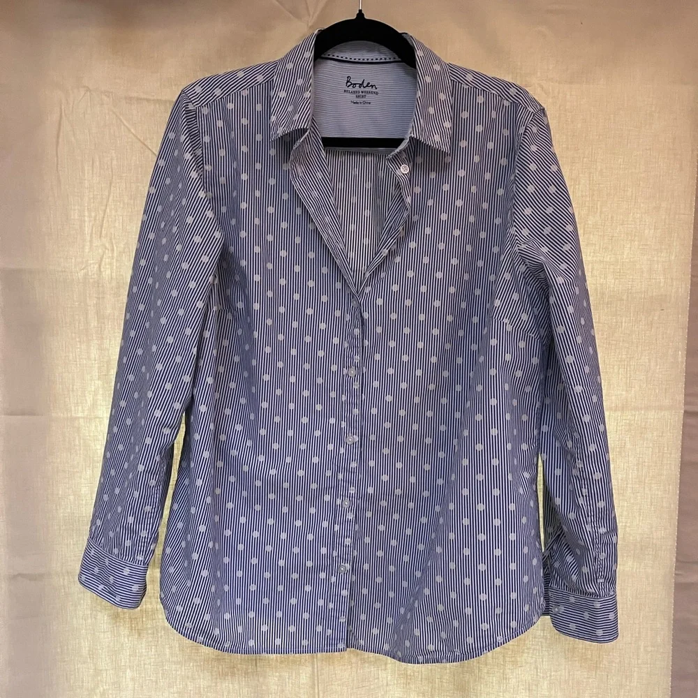 Boden Relaxed Button-down Weekend Blue White Polka Dot Striped Shirt 100% Cotton - Picture 1 of 6